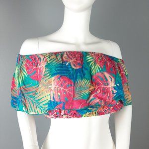 INGEAR RESORT Womens Off the Shoulder Crop Top One Size Blue Pink Palm Print